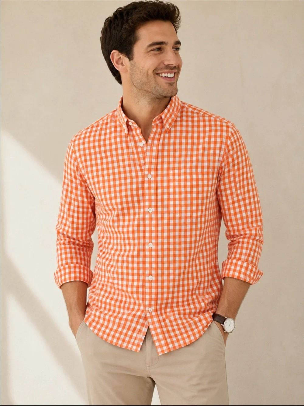 Banana Republic Grant Slim Fit Luxe Stretch Poplin Orange Gingham Size S